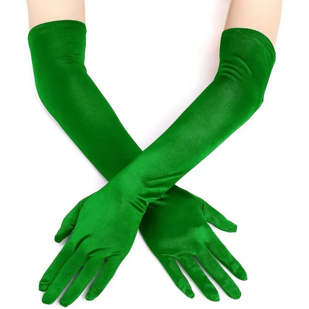 Women's Smooth Green Long Satin Gloves Elbow Length Party Costume Accessory
